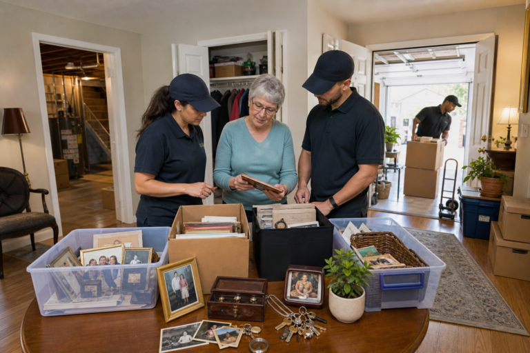 A compassionate editorial-style scene inside a lived-in suburban home during an estate clearing process: a professional cleanout team working respectfully with a family member in the hallway, sorting household items into clearly labeled boxes and bins marked keep, donate, sell, review, and remove; visible personal belongings like framed family photos, documents, jewelry box, keys, and keepsakes on a table; open closets, a basement doorway, and a garage in the background to suggest a full walk-through of the home; some furniture already removed, donation boxes stacked neatly near the door, and a clean, organized pathway indicating the home is being prepared for cleaning, repairs, or listing; warm natural daylight, calm and empathetic mood, realistic detail, tidy composition, high-end documentary photography style, no text in the image.