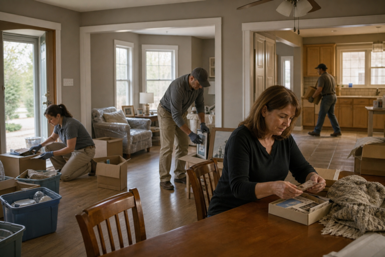 A respectful, editorial-style scene inside a lived-in suburban home during an estate cleanout: a compassionate cleanup team in neutral work clothes carefully sorting household belongings into labeled piles for keep, donate, and remove, while a family member reviews a small box of photos, documents, and keepsakes at a dining table. Show an organized walkthrough atmosphere with open doorways, half-cleared rooms, stacked cardboard boxes, wrapped furniture, garage items, and soft natural daylight streaming through windows. Convey empathy, order, and transition after a major life change, with the home becoming visibly more open and ready for cleaning or sale. Photorealistic, warm muted color palette, realistic details, gentle documentary composition, no visible text, no logos, no branding.