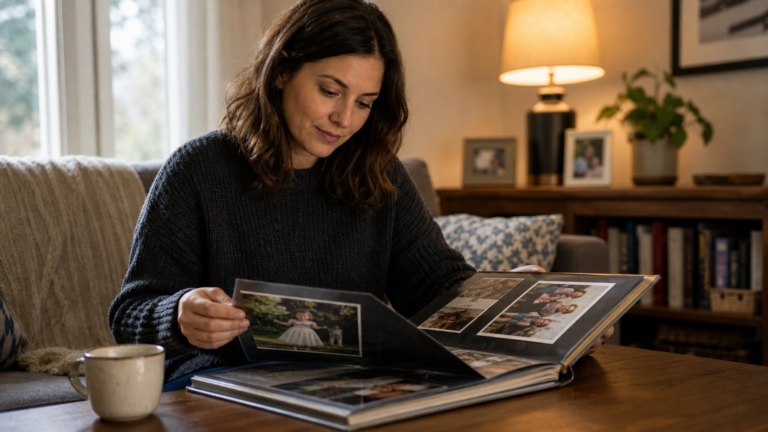 adult child looking through photo album. 16x9 pixel aspect ratio