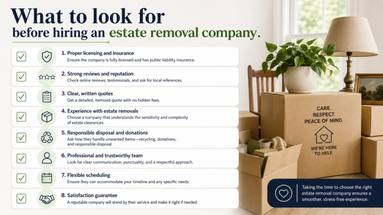 checklist graphic: “What to look for before hiring an estate removal company.” 16x9 pixel aspect ratio