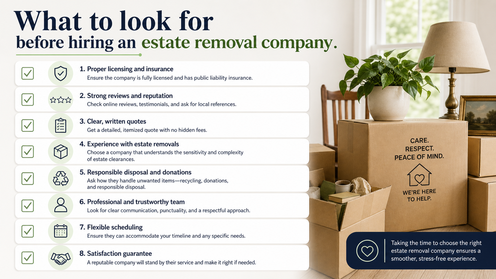 checklist graphic: “What to look for before hiring an estate removal company.”