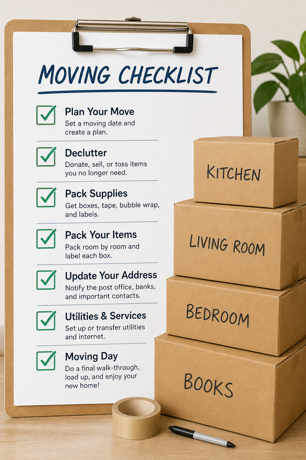 checklist with moving boxes.
