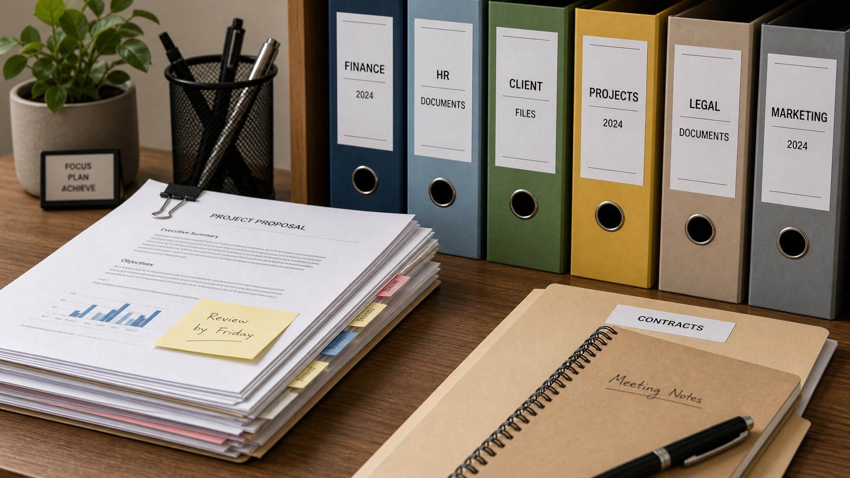 documents and labelled folders. 16x9 pixel aspect ratio