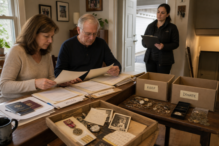 Editorial-style documentary scene inside a lived-in family home being prepared for an estate cleanout: two adult family members at a kitchen table carefully sorting and labeling important documents, a small stack of passports, wills, insurance papers, and financial folders visible; nearby a separate tray of sentimental keepsakes like old photographs, handwritten letters, a military medal, and a family recipe card; a side table holds jewelry, watches, coins, and a few labeled boxes marked “keep” and “donate” with clear adhesive tags. In the background, a cleanout professional stands by an open doorway holding a clipboard, with subtle hints of access details like a key ring, garage door, and basement stairs. Warm natural window light, realistic home interior, organized but emotionally respectful mood, high-detail, soft neutral color palette, candid composition, no visible text or branding.