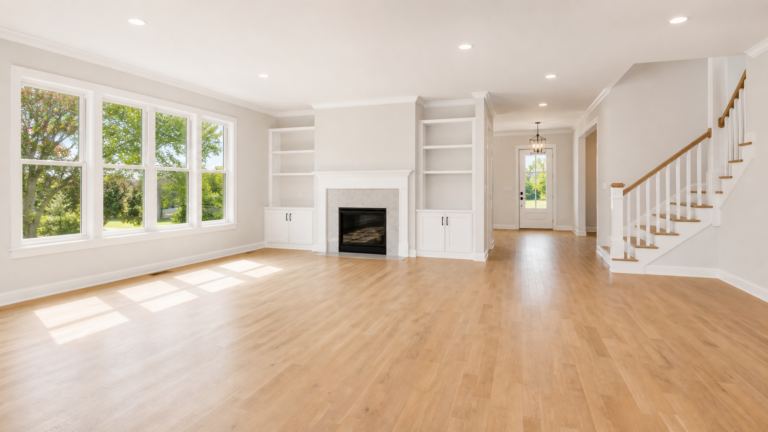 empty bright living room ready for real estate photos. 16x9 pixel aspect ratio