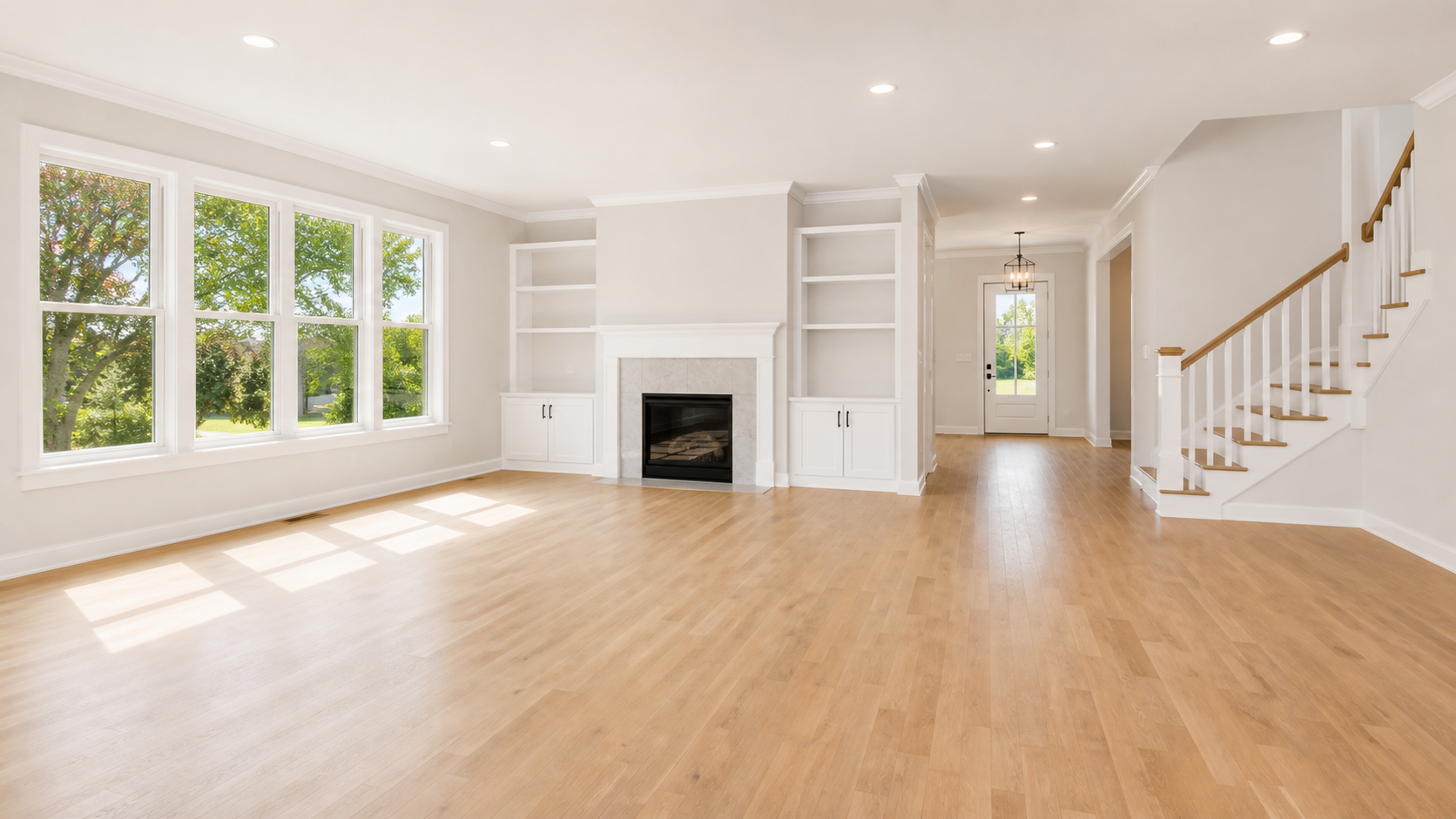 empty bright living room ready for real estate photos. 16x9 pixel aspect ratio