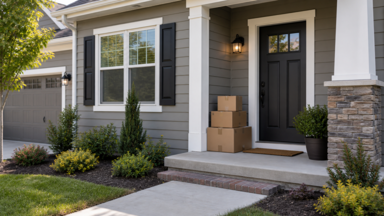 exterior of house with boxes near doorway. 16x9 pixel aspect ratio