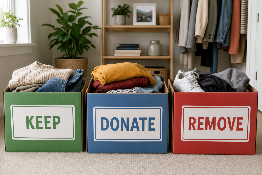 labelled keep/donate/remove boxes.