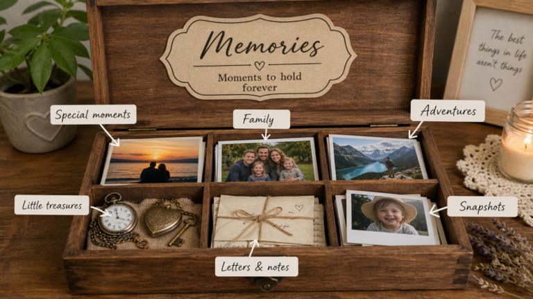 labelled keepsake box with photos. 16x9 pixel aspect ratio