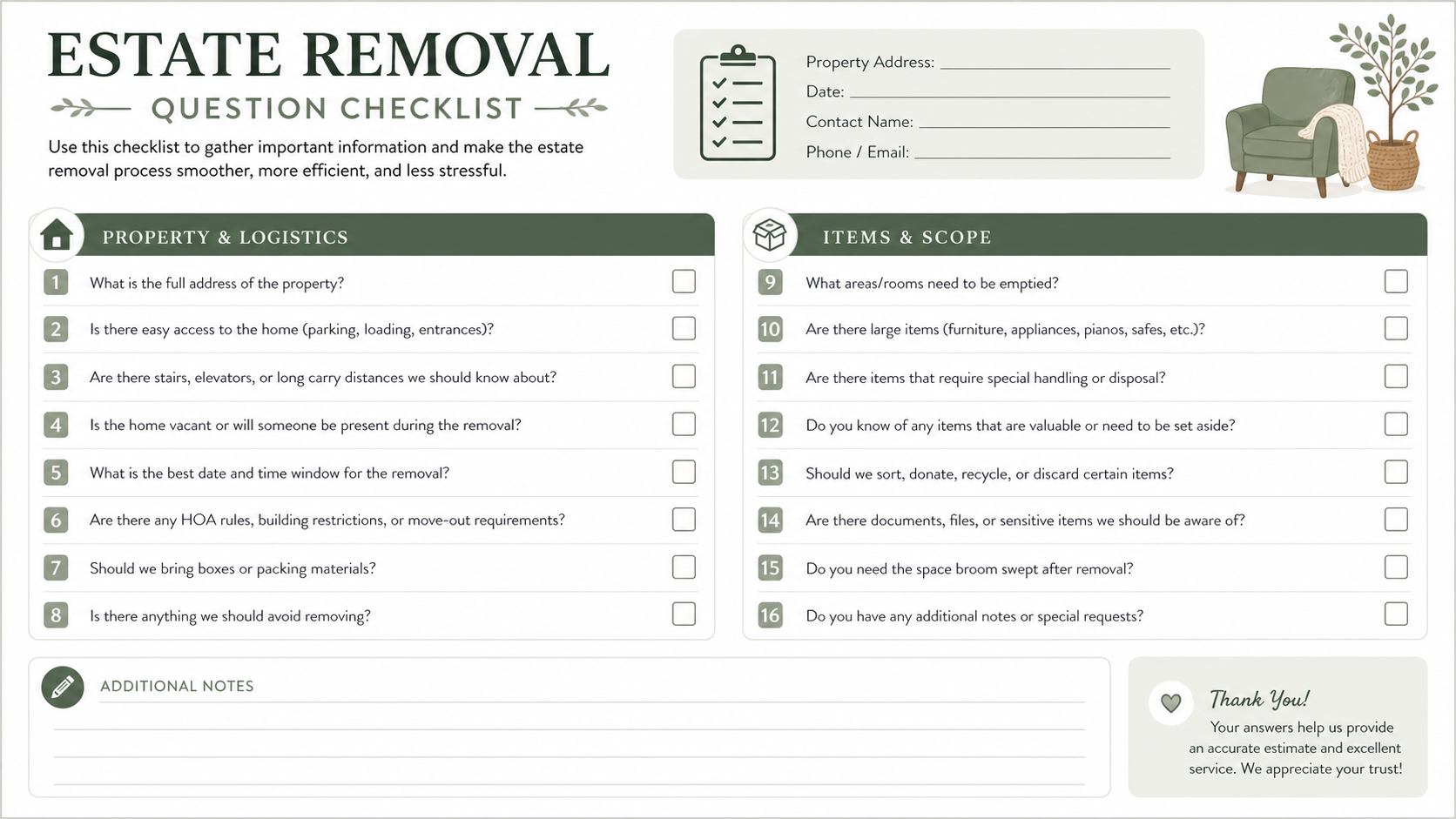 printable question checklist, for estate removal. 16x9 pixel aspect ratio