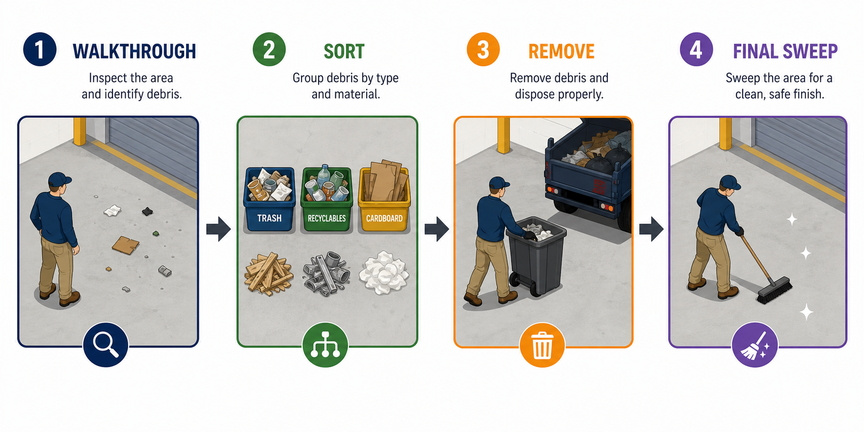 process graphic: walkthrough → sort → remove → final sweep.