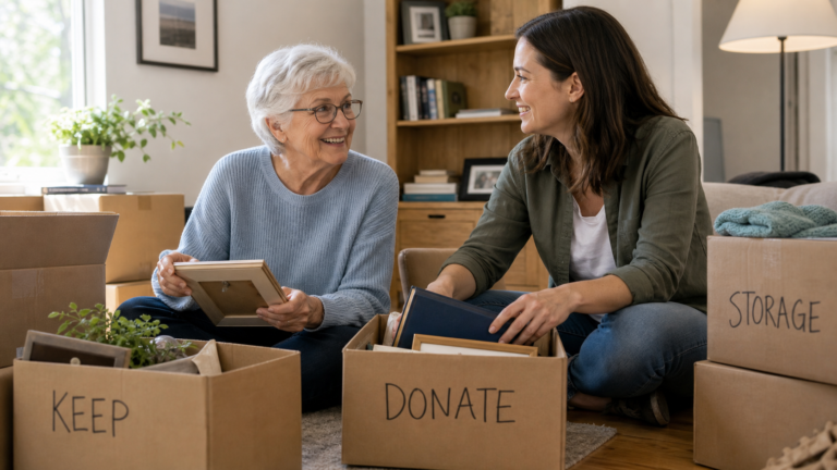 senior with adult child sorting boxes. 16x9 pixel aspect ratio