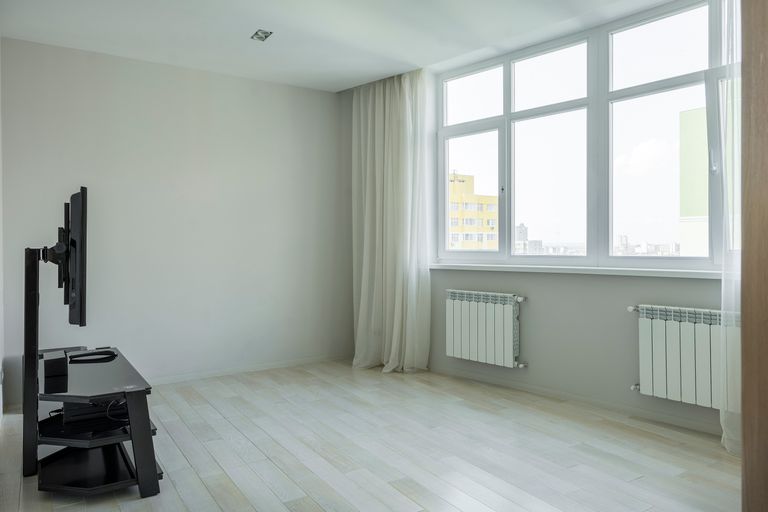 Spacious and bright minimalist apartment with large windows and hardwood floors.