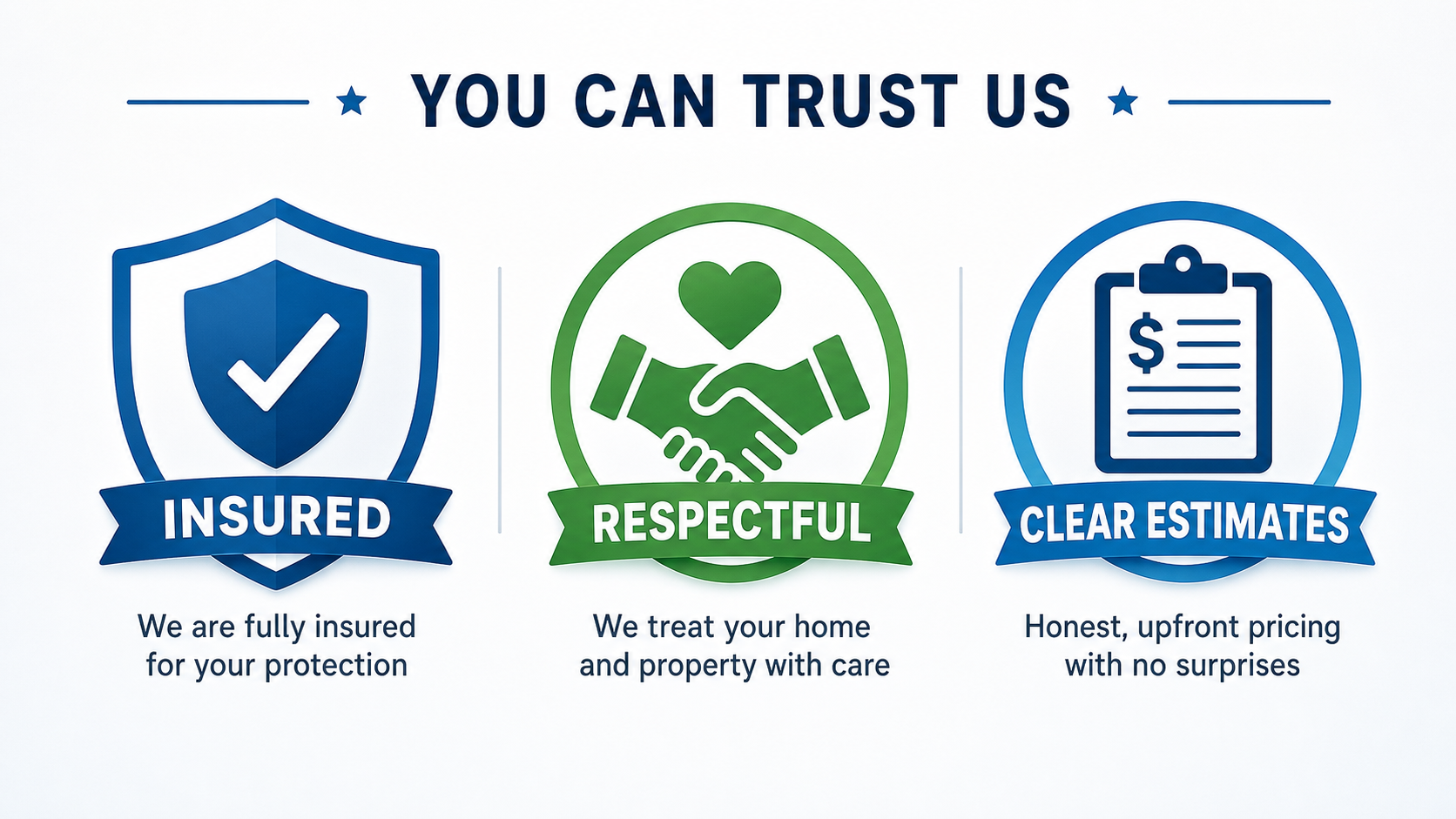trust badge graphic: insured, respectful, clear estimates. 16x9 pixel aspect